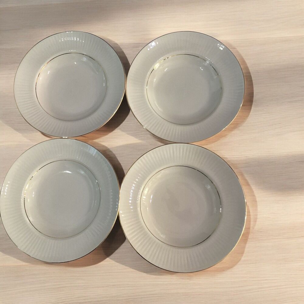 Gibson Black Tie White Soup Salad Bowls Gold Trim Ribbed Rim 8 5/8" Set of 4